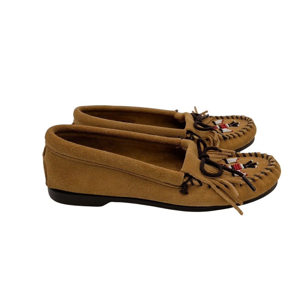 Minnetonka Thunderbird II Suede Moccasins Tan‎ Beaded Fringe Womens 6 177